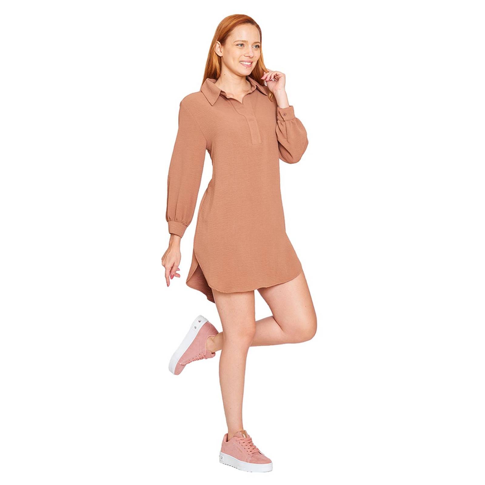 Vestido Camisero Mujer Manga Larga Camello Casual 