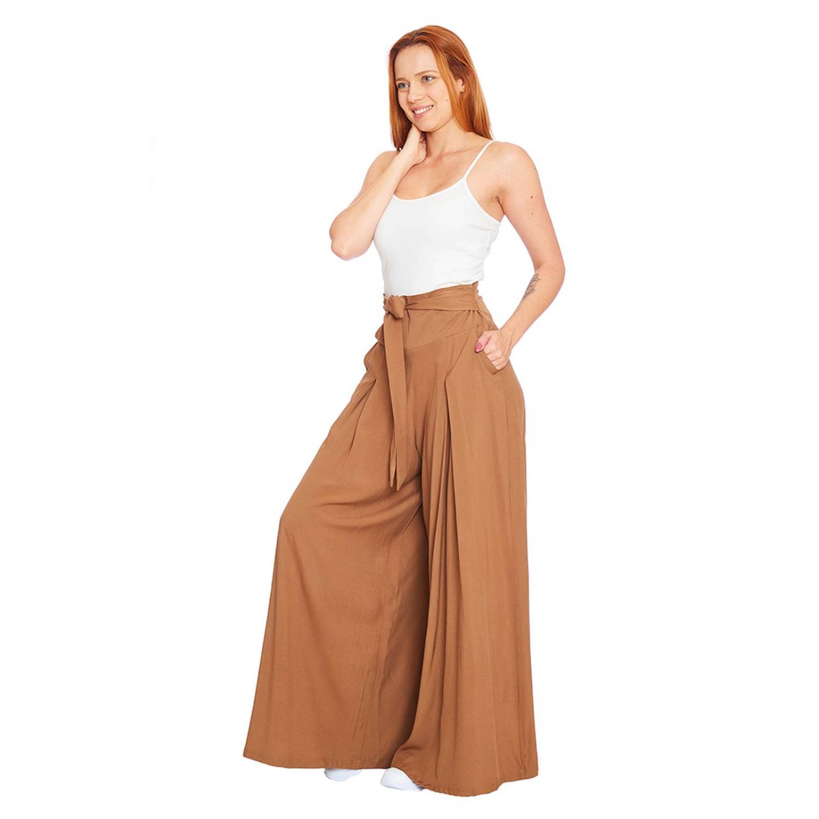 Pantalón Pierna Ancha Mujer Amplio Acampanado Beige 