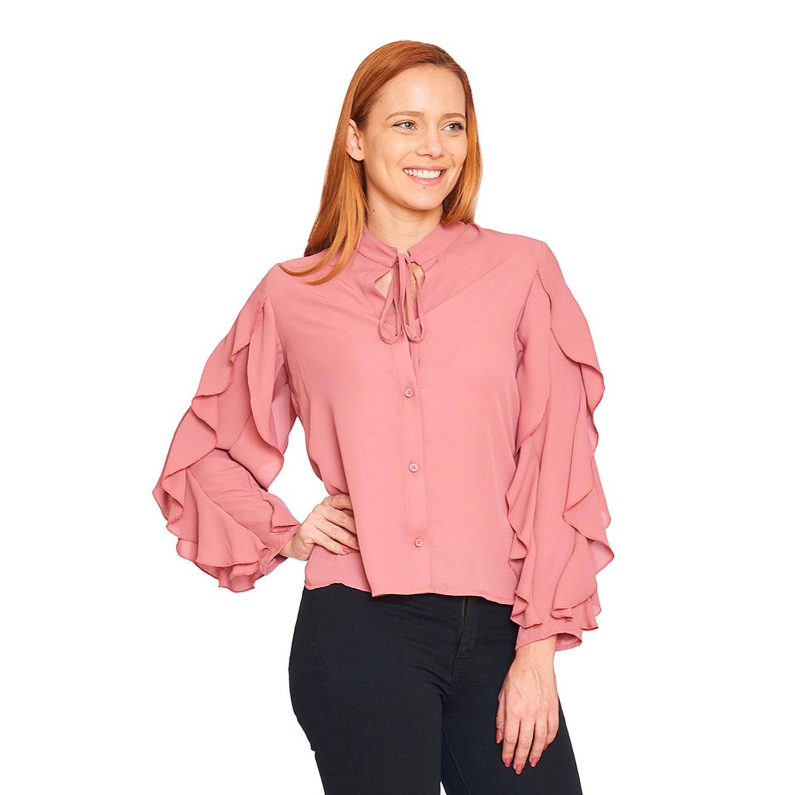 Blusa Manga Larga Con Olanes Mujer Casual Elegante