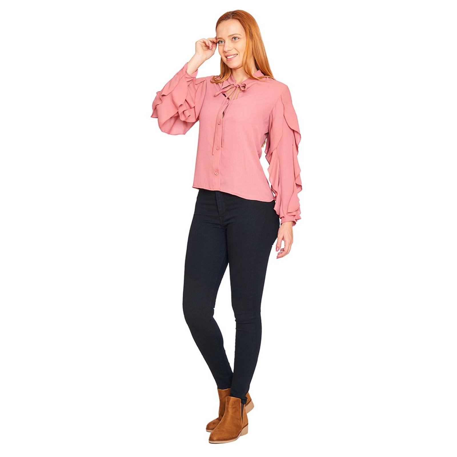 Blusa Manga Larga Con Olanes Mujer Casual Elegante