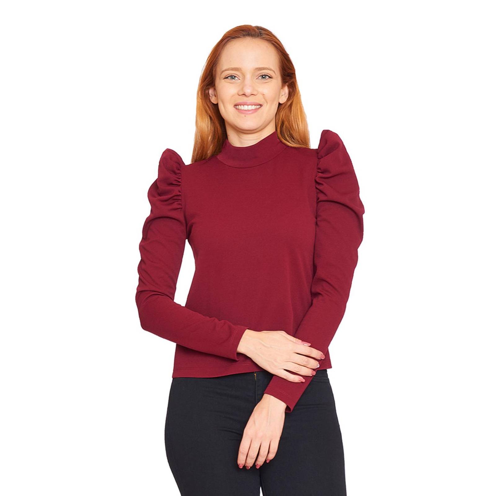 Blusa Manga Farol Mujer Cuello Alto Básica Vino Casual 