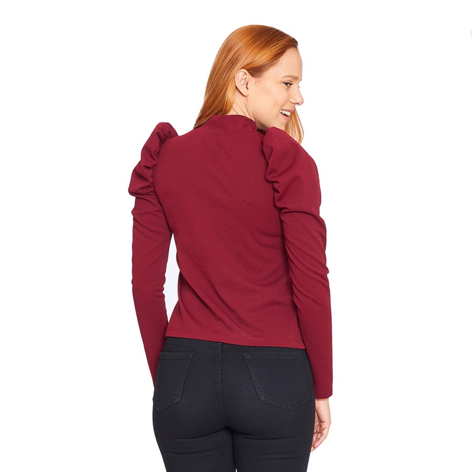Blusa Manga Farol Mujer Cuello Alto Básica Vino Casual 