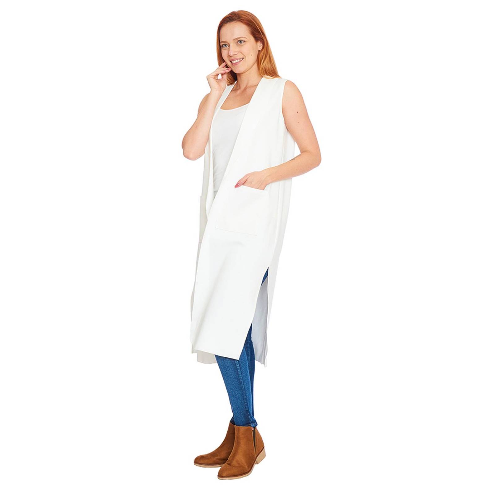 Chaleco Largo Para Mujer Ivory Con Bolsas Formal 