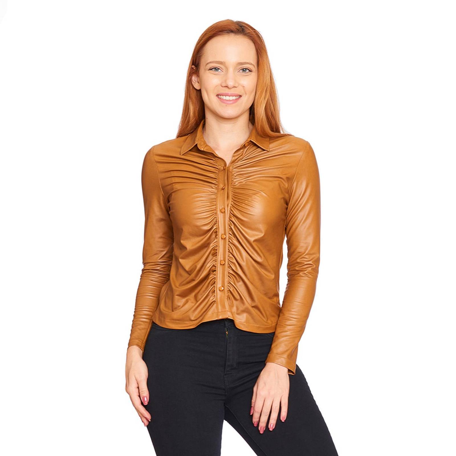 Blusa Plisada Mujer Vinipiel Stretch Camel Formal 