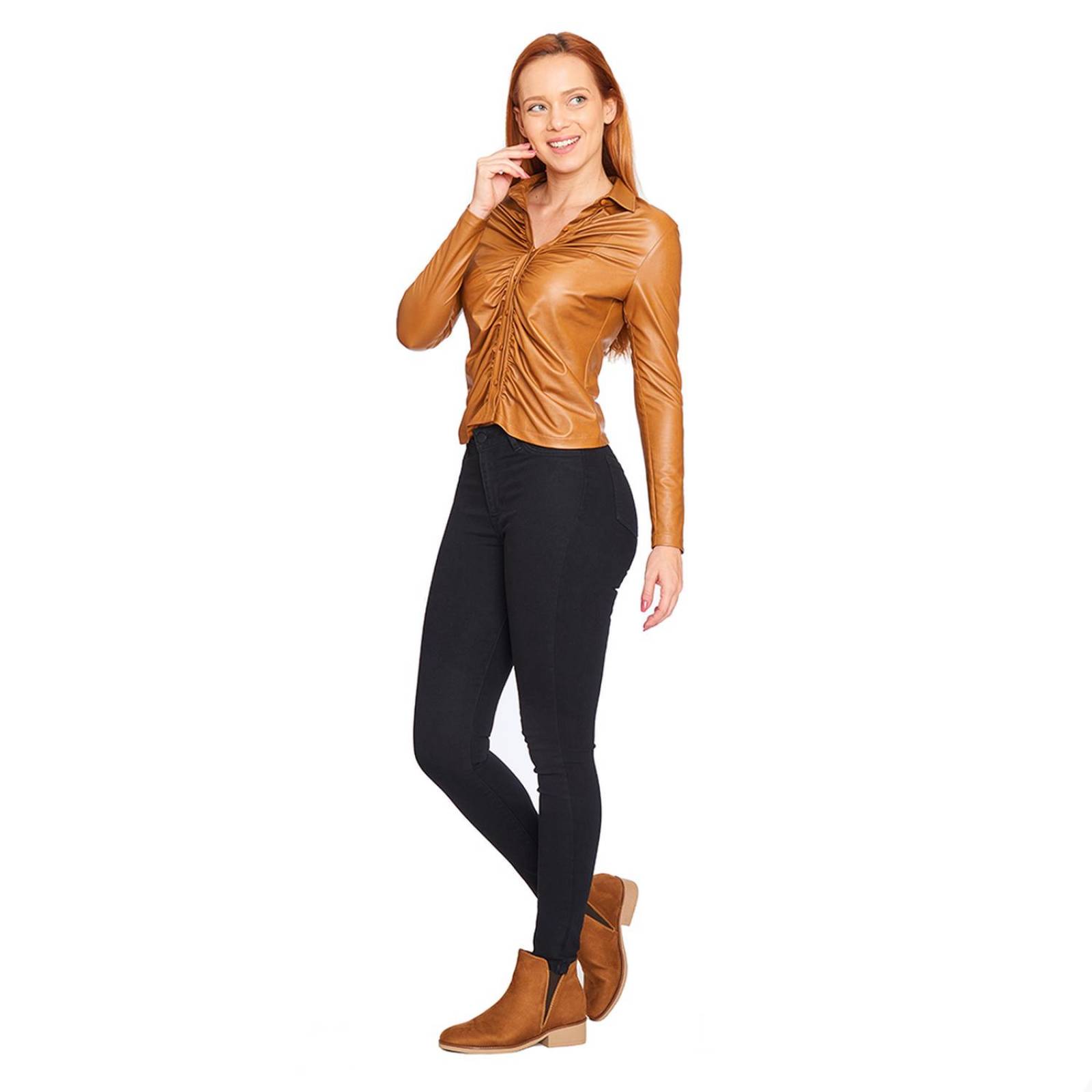 Blusa Plisada Mujer Vinipiel Stretch Camel Formal 