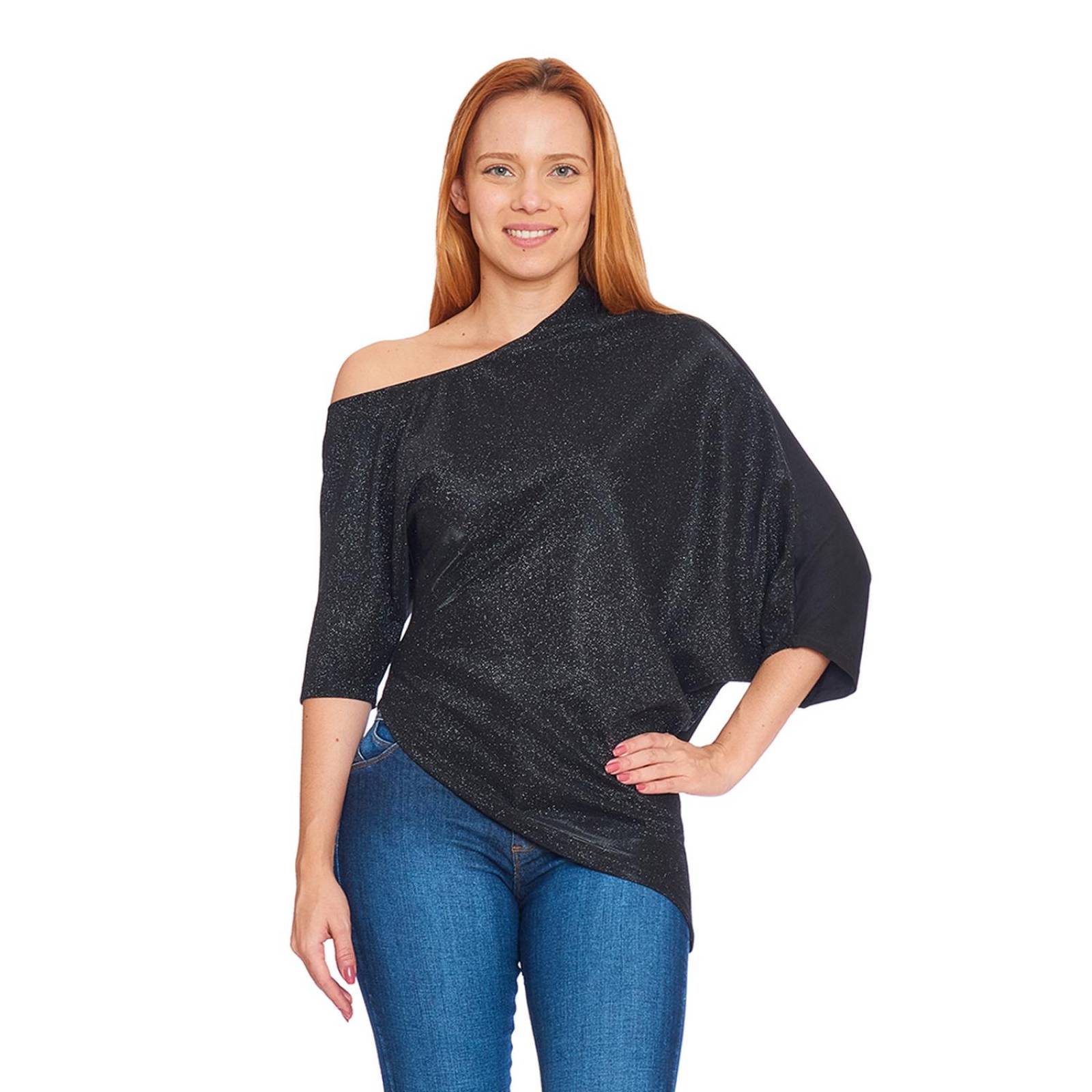 Blusa Asimétrica Mujer Holgada Negro Brillos Casual 