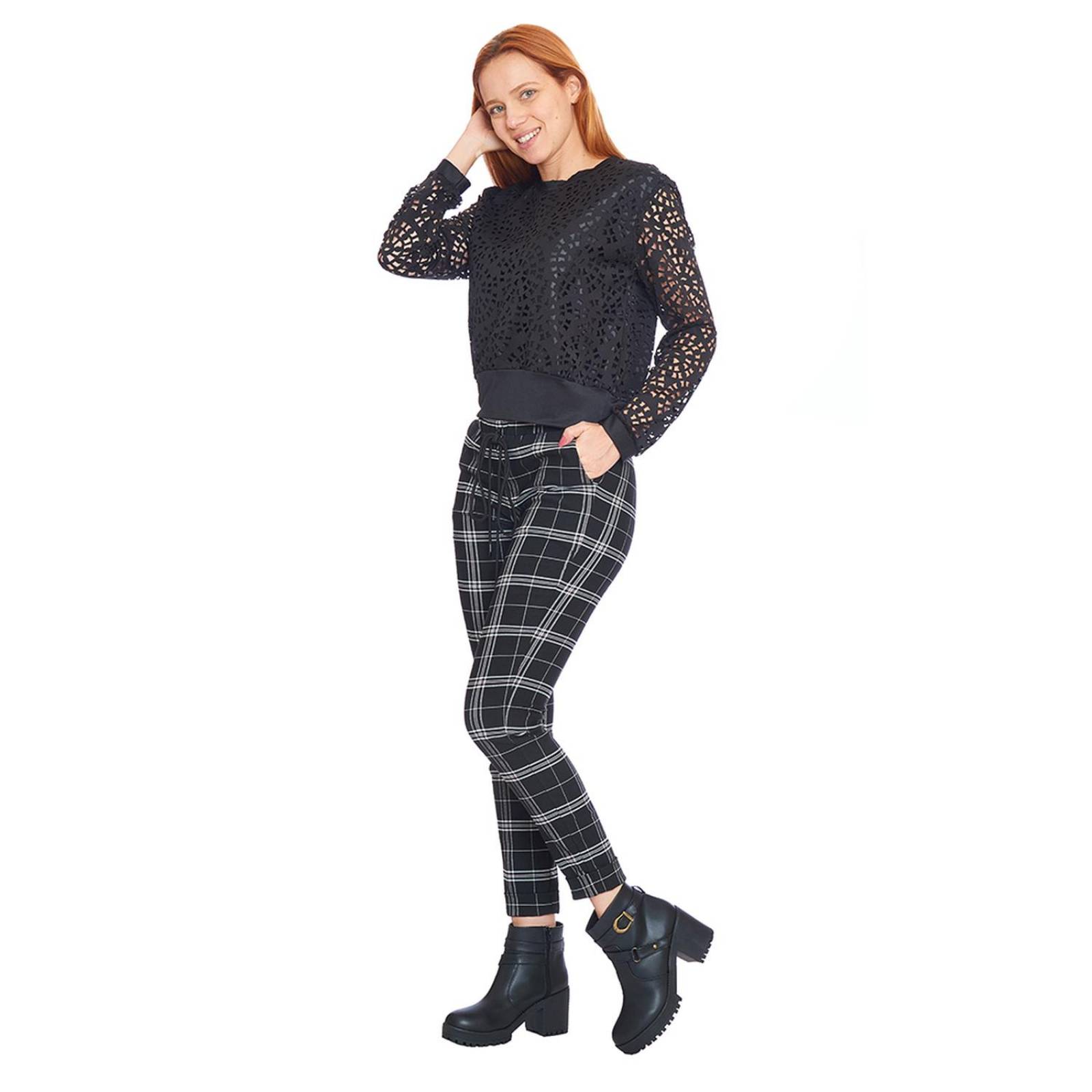 Pantalón Jogger Mujer Negro a Cuadros Con Jareta Casual 