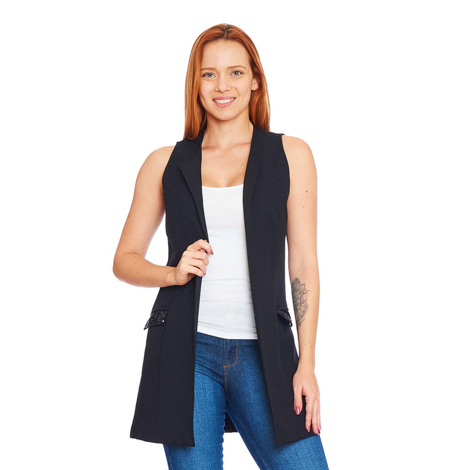 Chaleco Largo Mujer Negro Bolsa Con Lentejuelas 