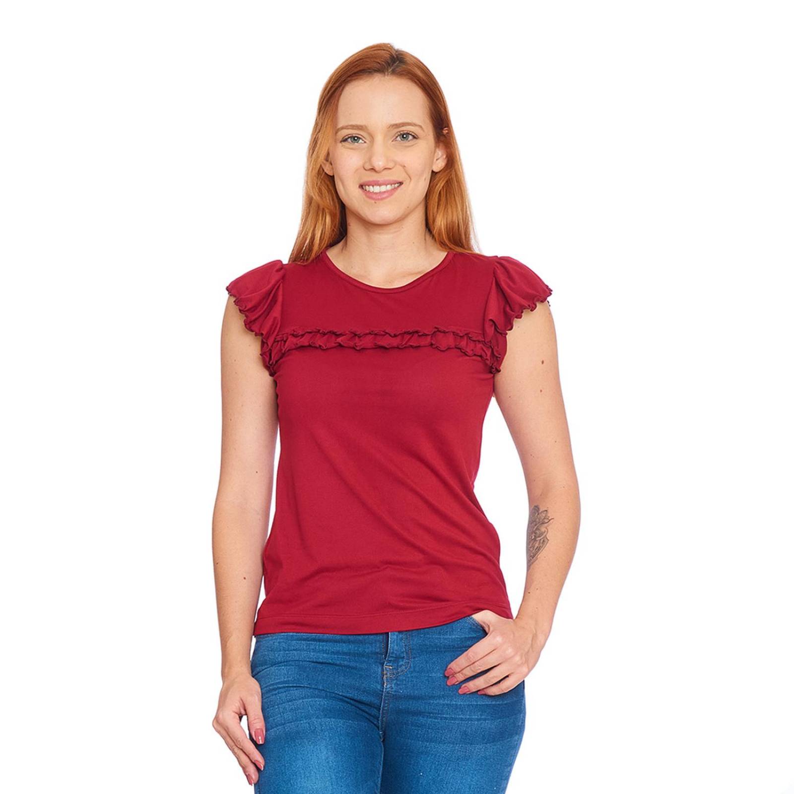 Blusa Con Olanes Mujer Manga Corta Casual Vino 