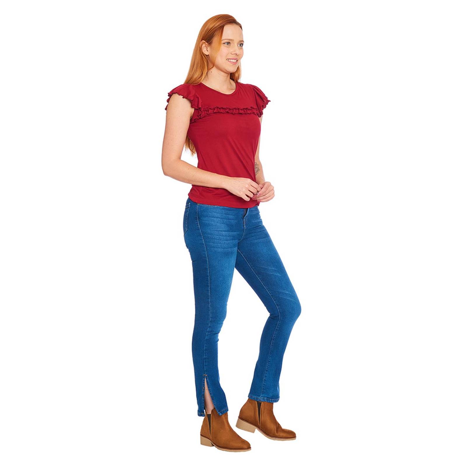 Blusa Con Olanes Mujer Manga Corta Casual Vino 