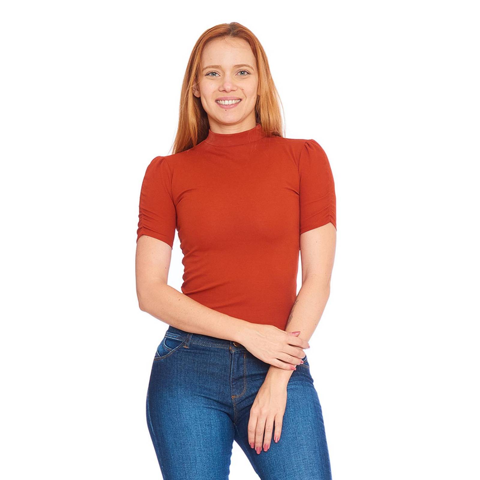 Blusa Mujer Manga Corta Lisa Cuello Alto Casual Básica 