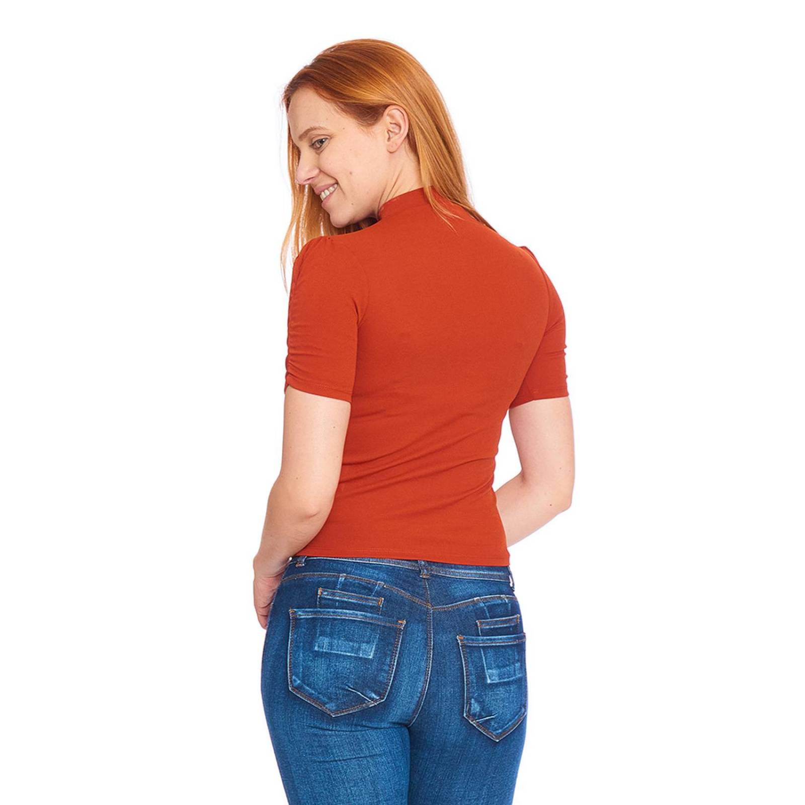 Blusa Mujer Manga Corta Lisa Cuello Alto Casual Básica 