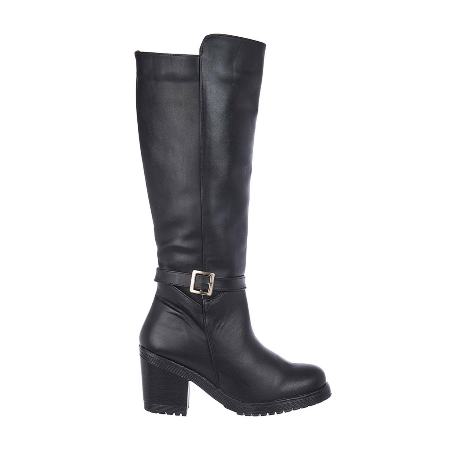 Botas Altas Mujer Tipo Piel Negro Tacon Ancho 
