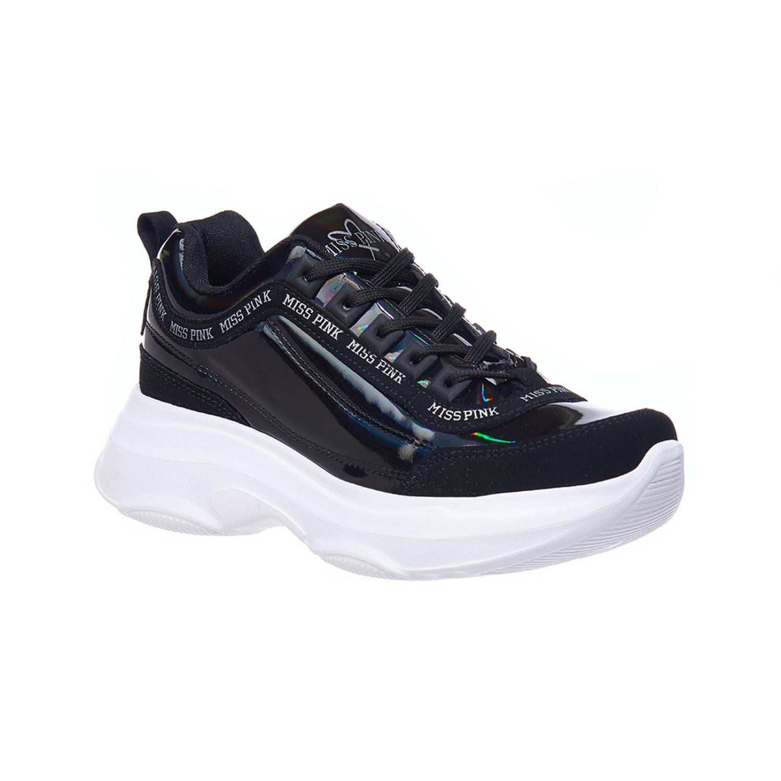 Tenis Mujer Casuales Charol Negro Con Plataforma 
