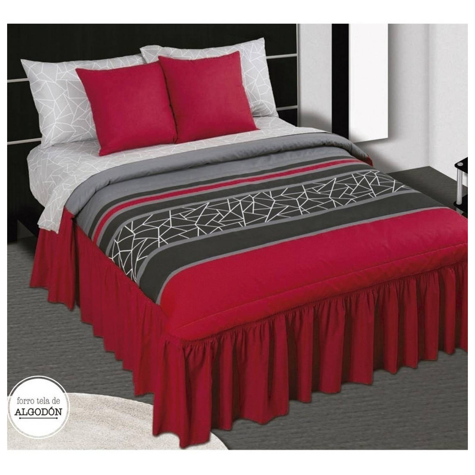 Colcha King Size Geometrico 50%algodon Rojo/gris Fresca 