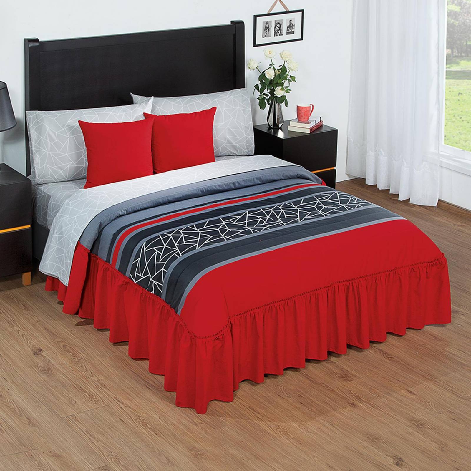 Colcha King Size Geometrico 50%algodon Rojo/gris Fresca 