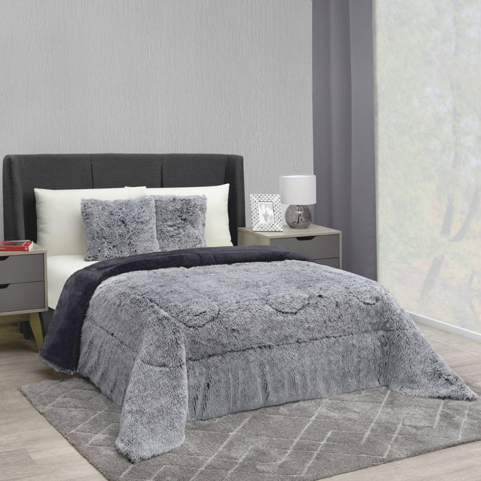 COBERTOR KING SIZE BLANCO Y NEGRO DOBLE VISTA PELO ALTO 