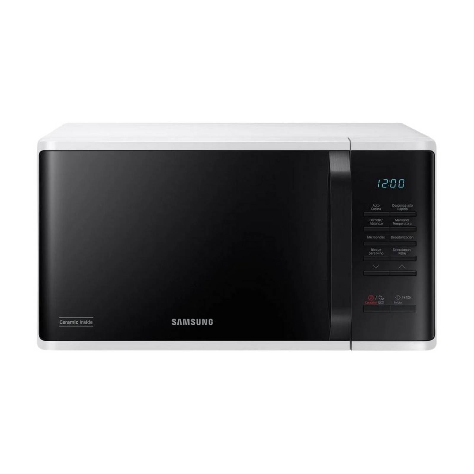 Horno de microondas 0.8 pies c/manija, panel negro y carcasa blanca marca Samsung