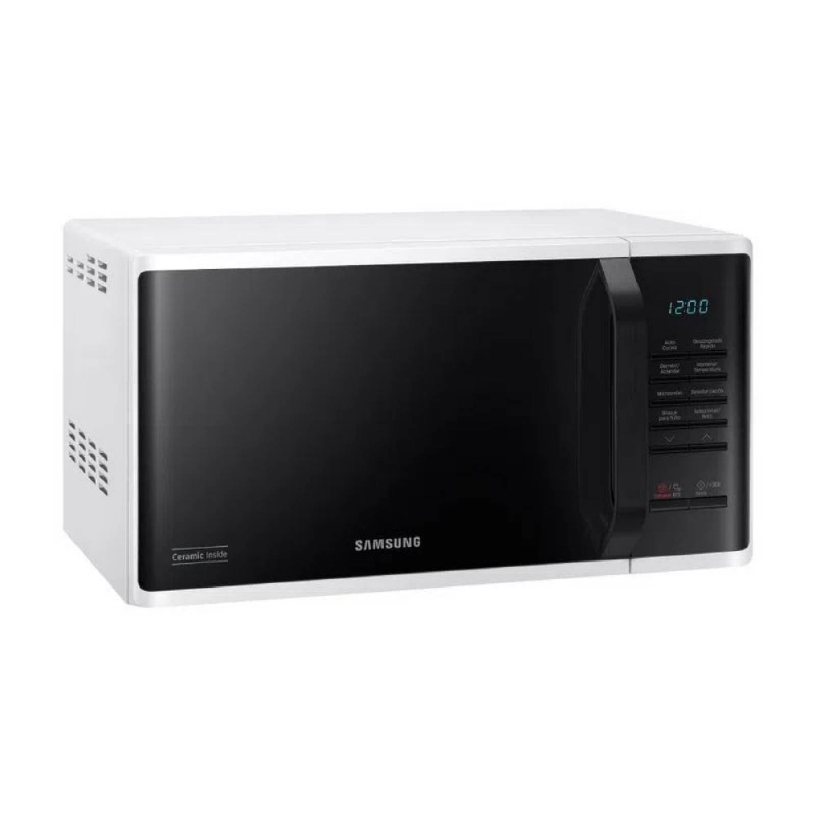 Horno de microondas 0.8 pies c/manija, panel negro y carcasa blanca marca Samsung