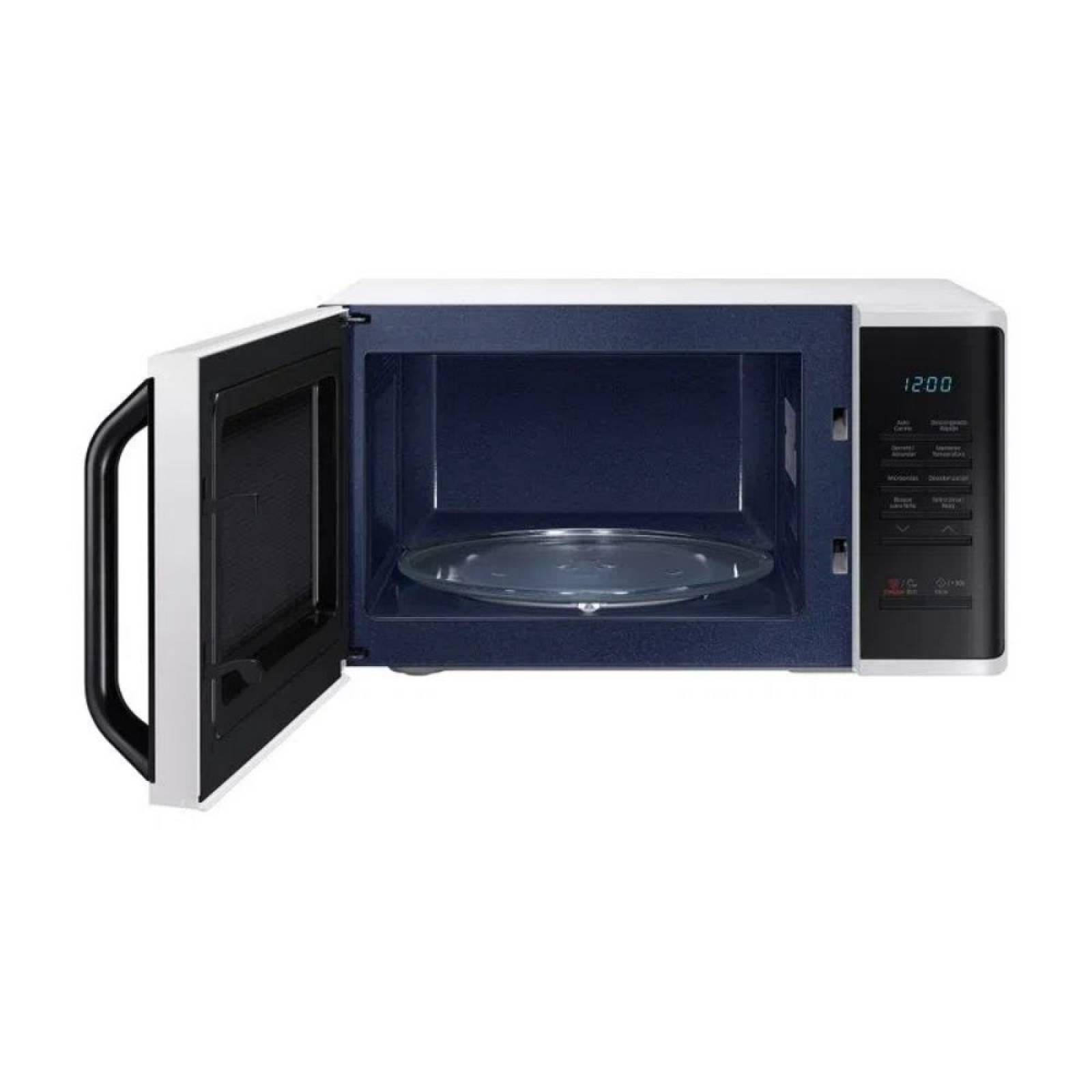 Horno de microondas 0.8 pies c/manija, panel negro y carcasa blanca marca Samsung