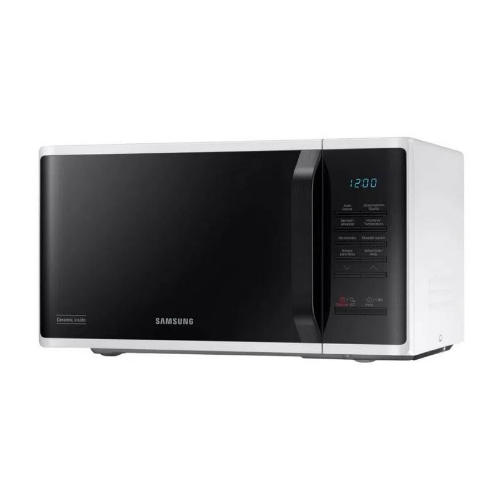 Horno de microondas 0.8 pies c/manija, panel negro y carcasa blanca marca Samsung
