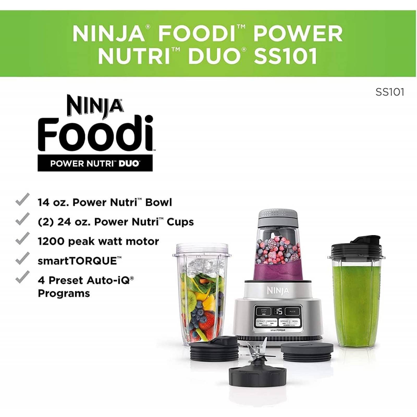 Ninja foodi power nutri duo de 1200w excelente para smothies Smart torque para cargas pesadas 4 programas pre-cargados con sistema iq incluye 1 va (Reacondicionado)