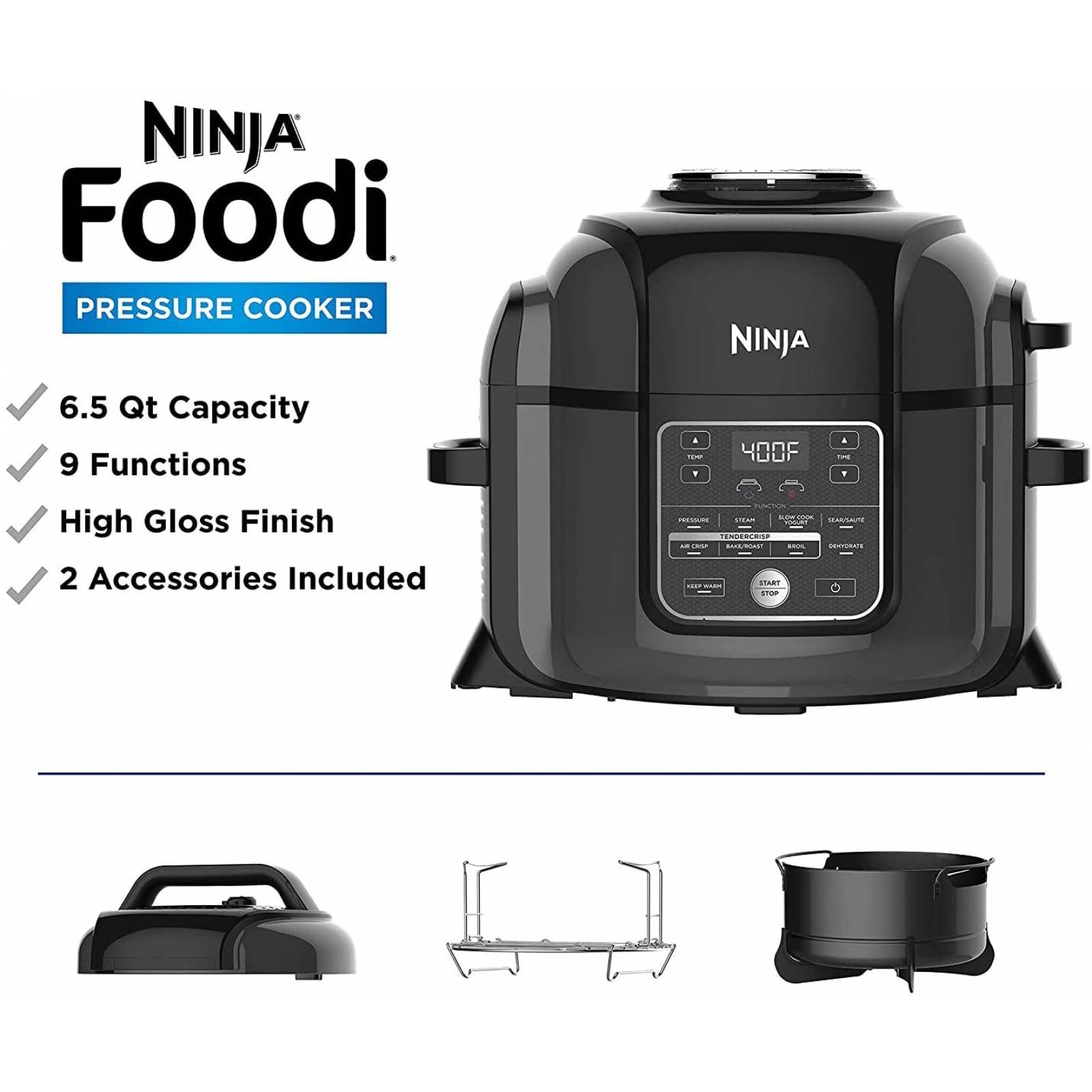 Ninja foodi 9 en 1 funciones de asar freir hornear rostizar deshidratar y mas capacidad de 6.5qt temperatura ajustable (Reacondicionado)