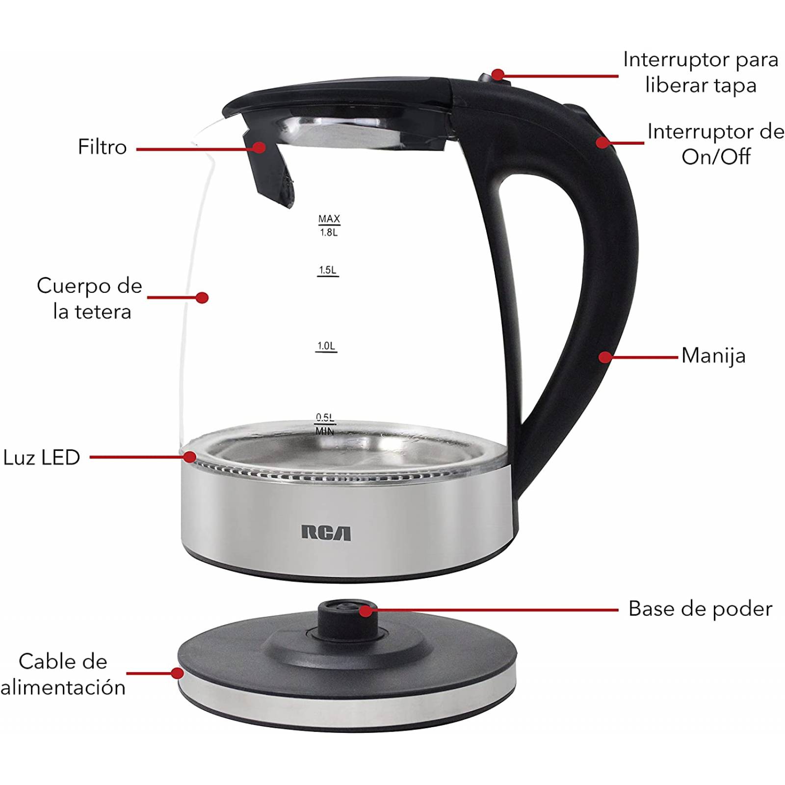 Tetera eléctrica de cristal 1.8 lts marca RCA