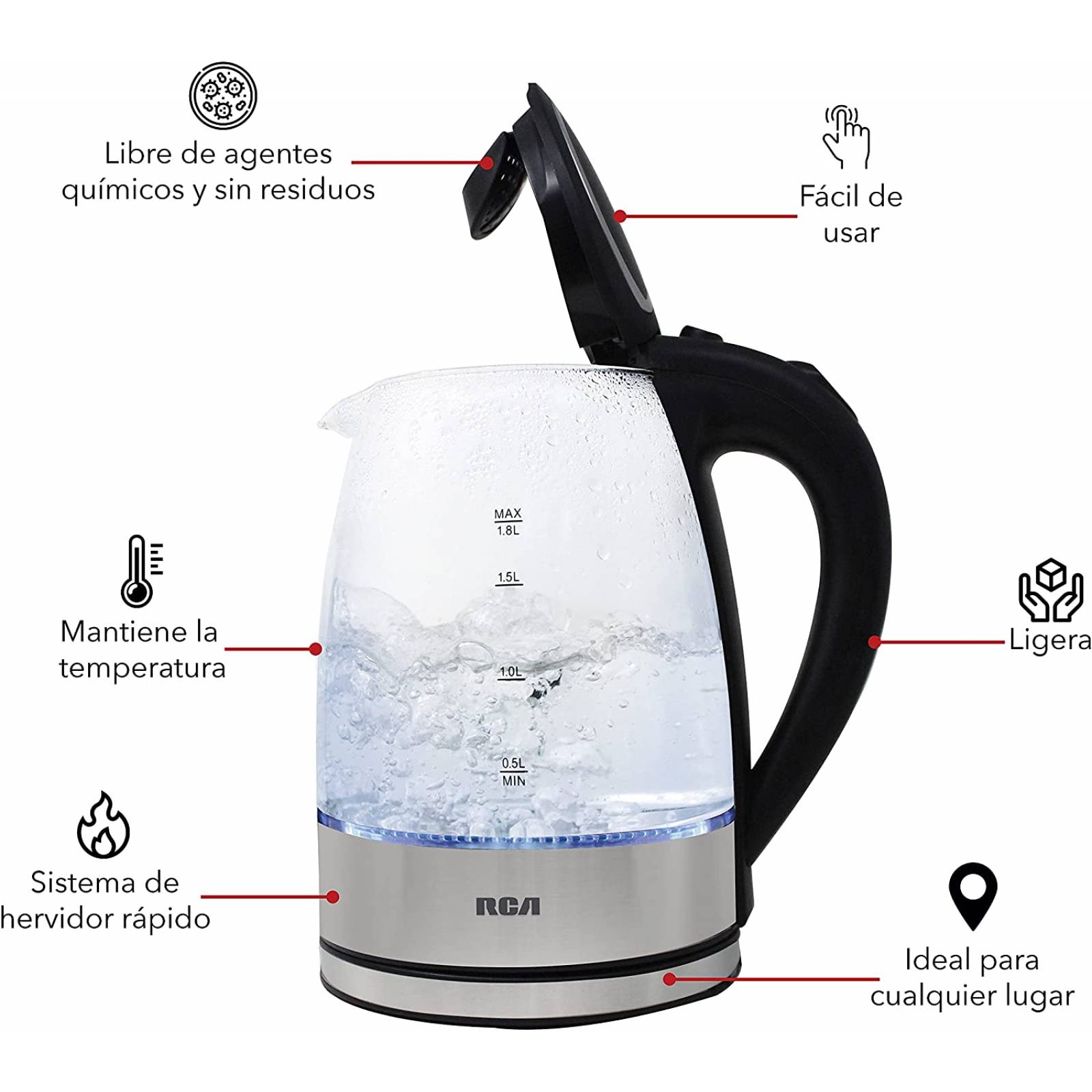 Tetera eléctrica de cristal 1.8 lts marca RCA