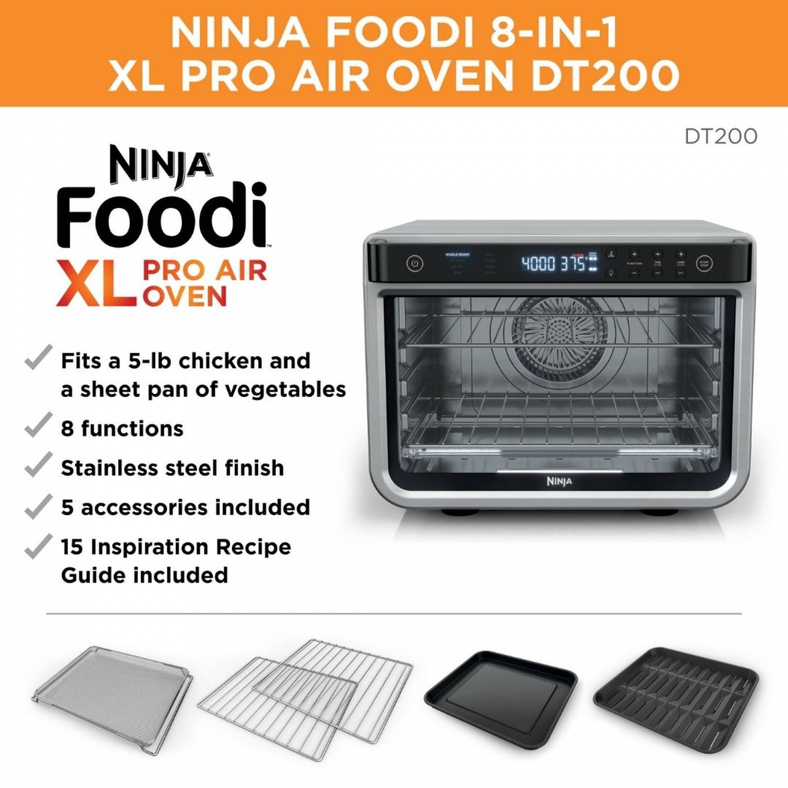 Ninja foodi 8 en 1 xl pro 1800w capacidad de hasta 2 pizzas de 12 pulgadas funciones de: asado entero freidora sin aceite asado sin aceite hornea