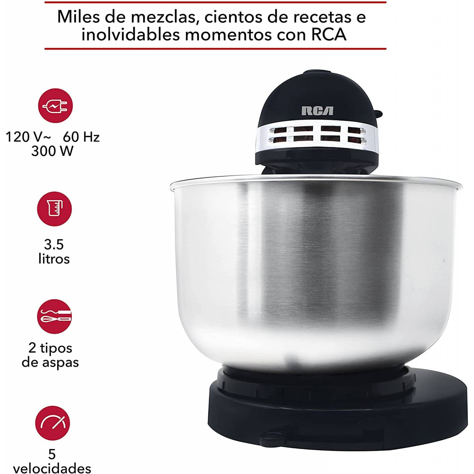 Batidora de pedestal 3.5 lts 5 vel acero inox marca rca