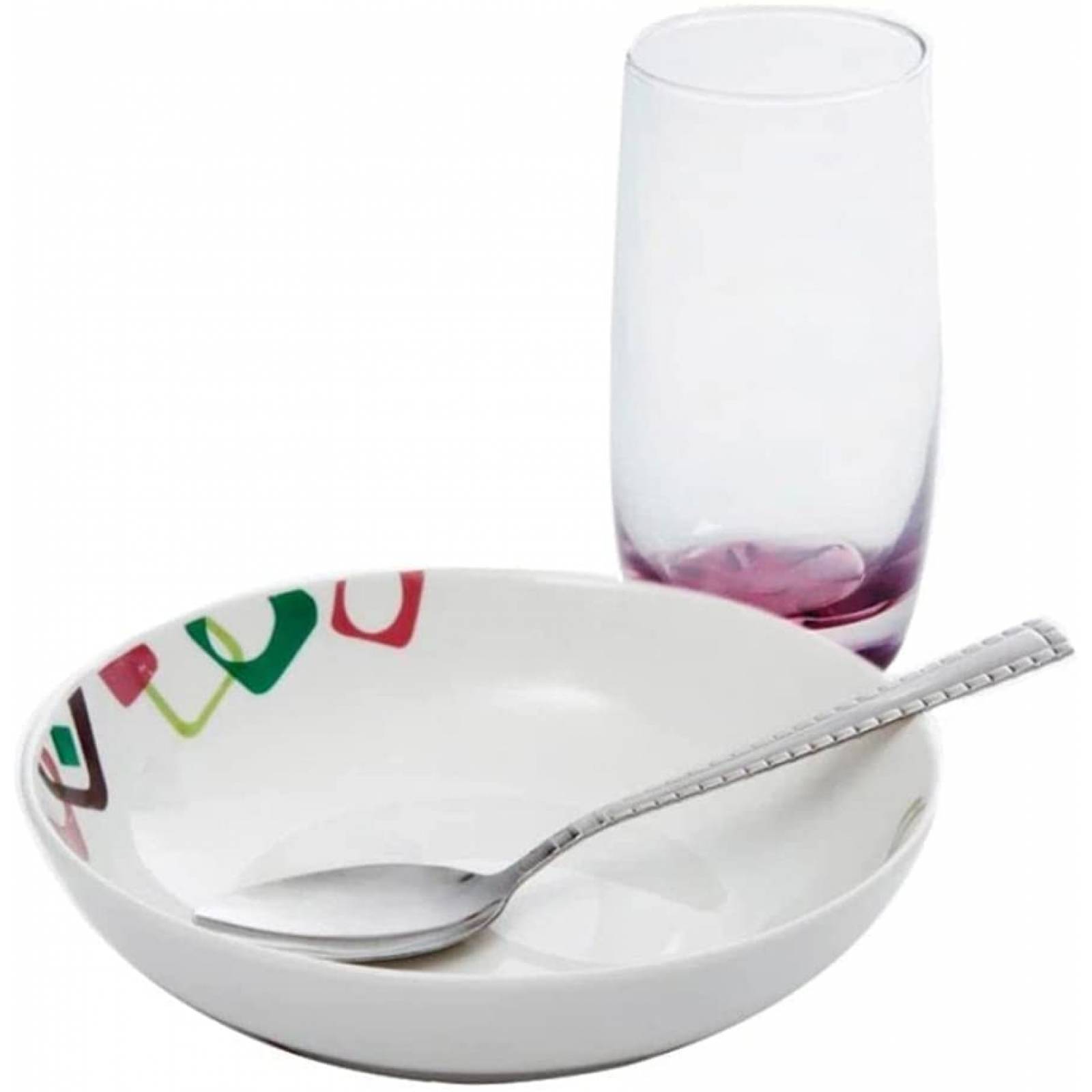 Vajilla de porcelana 12 pzs, 4 platos soperos 4 vasos de cristal 10 oz 4 cucharas soperas gibson