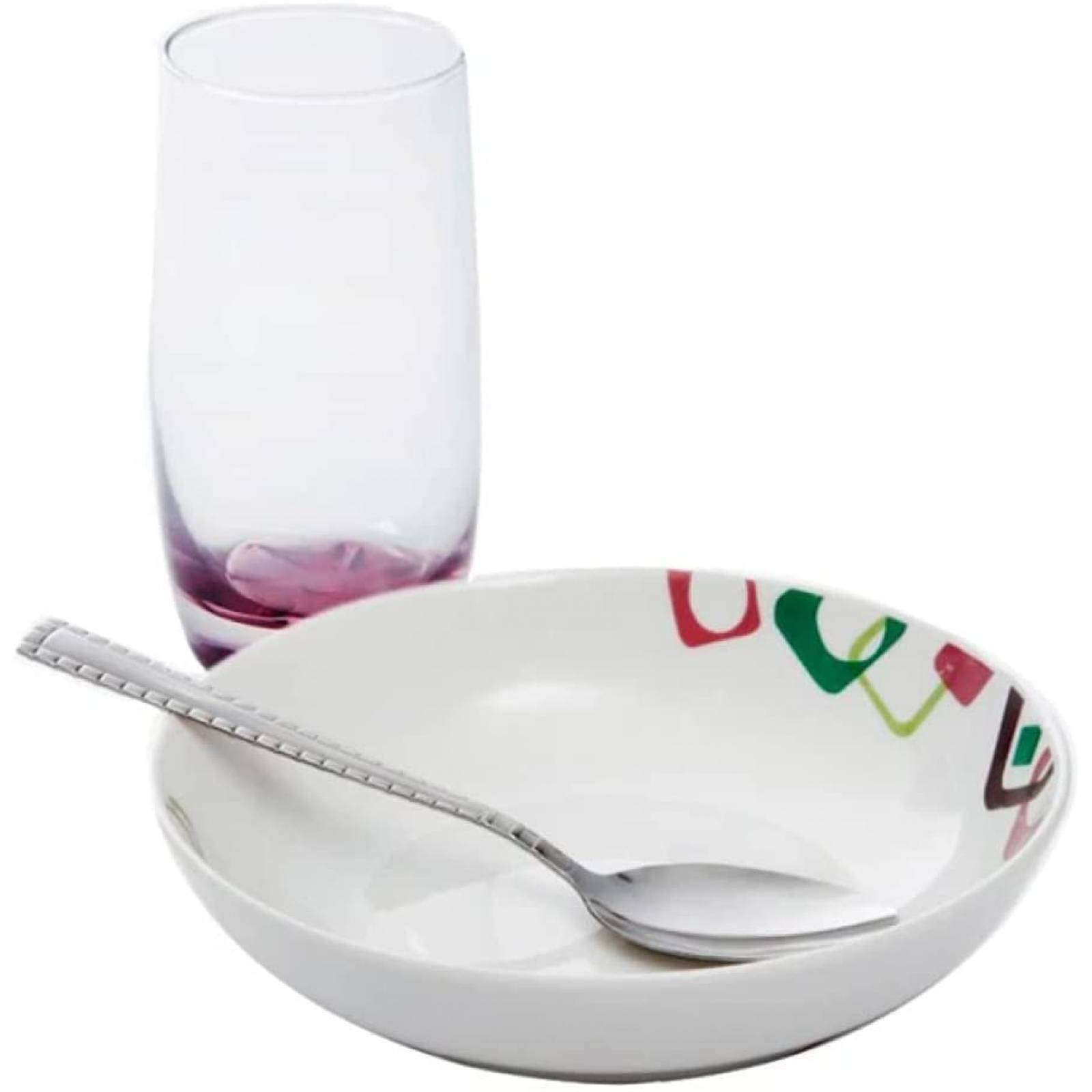 Vajilla de porcelana 12 pzs, 4 platos soperos 4 vasos de cristal 10 oz 4 cucharas soperas gibson