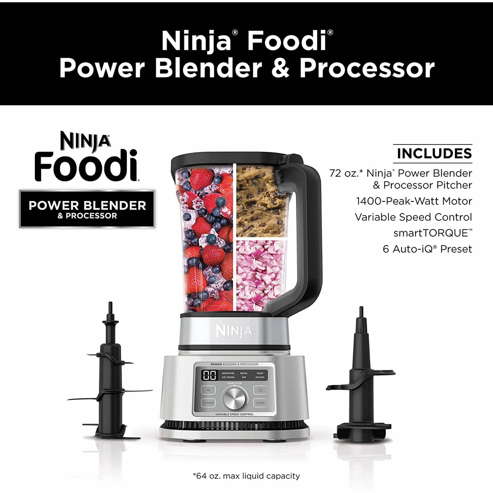 Ninja foodi licuadora con procesador 1200w control de velocidad ajustable con opción de pulso hasta 6 programas pre-cargados con el sistema iq incluye (reacondicionado)