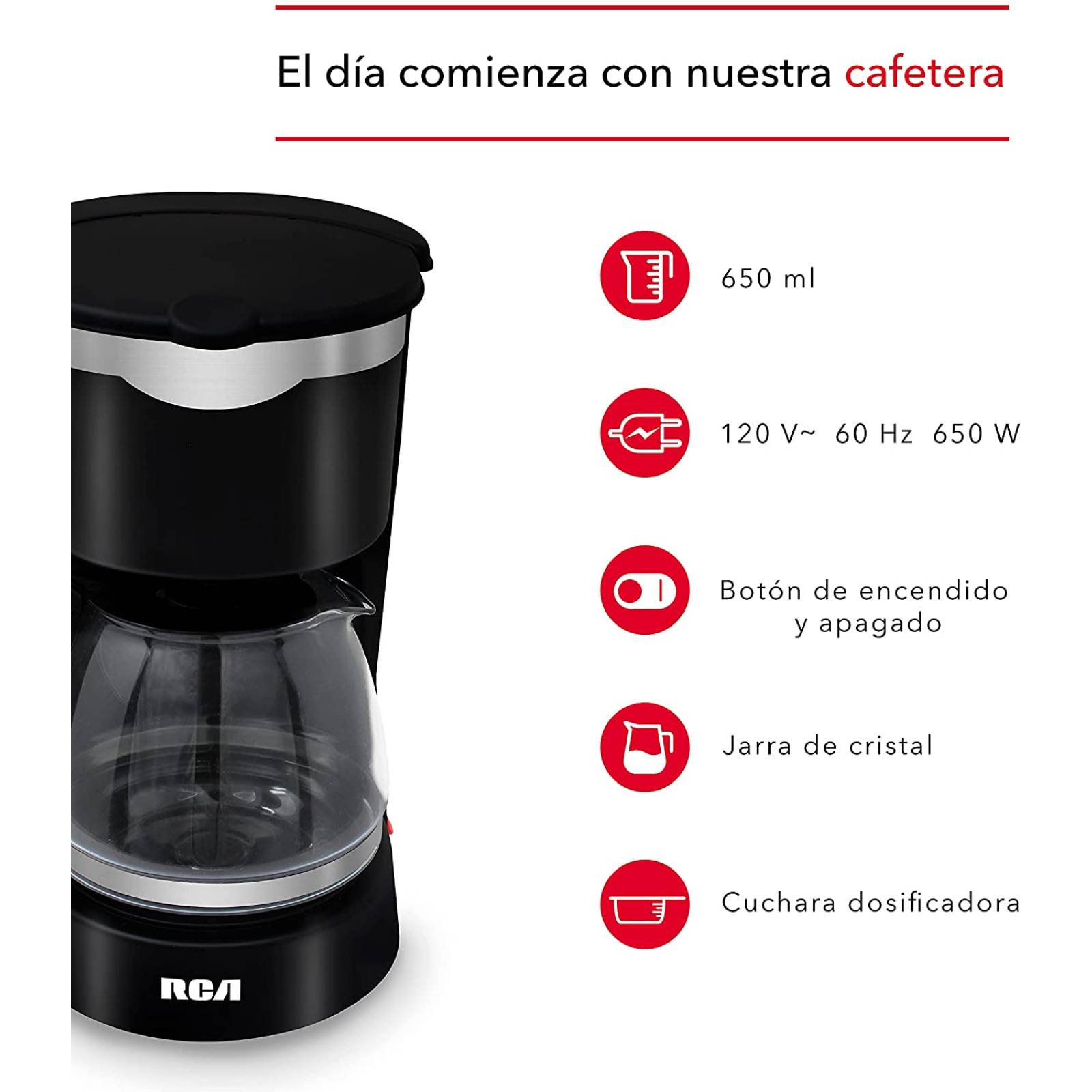 Cafetera electrica capacidad de 650 ml cristal resistente 650 watts marca rca