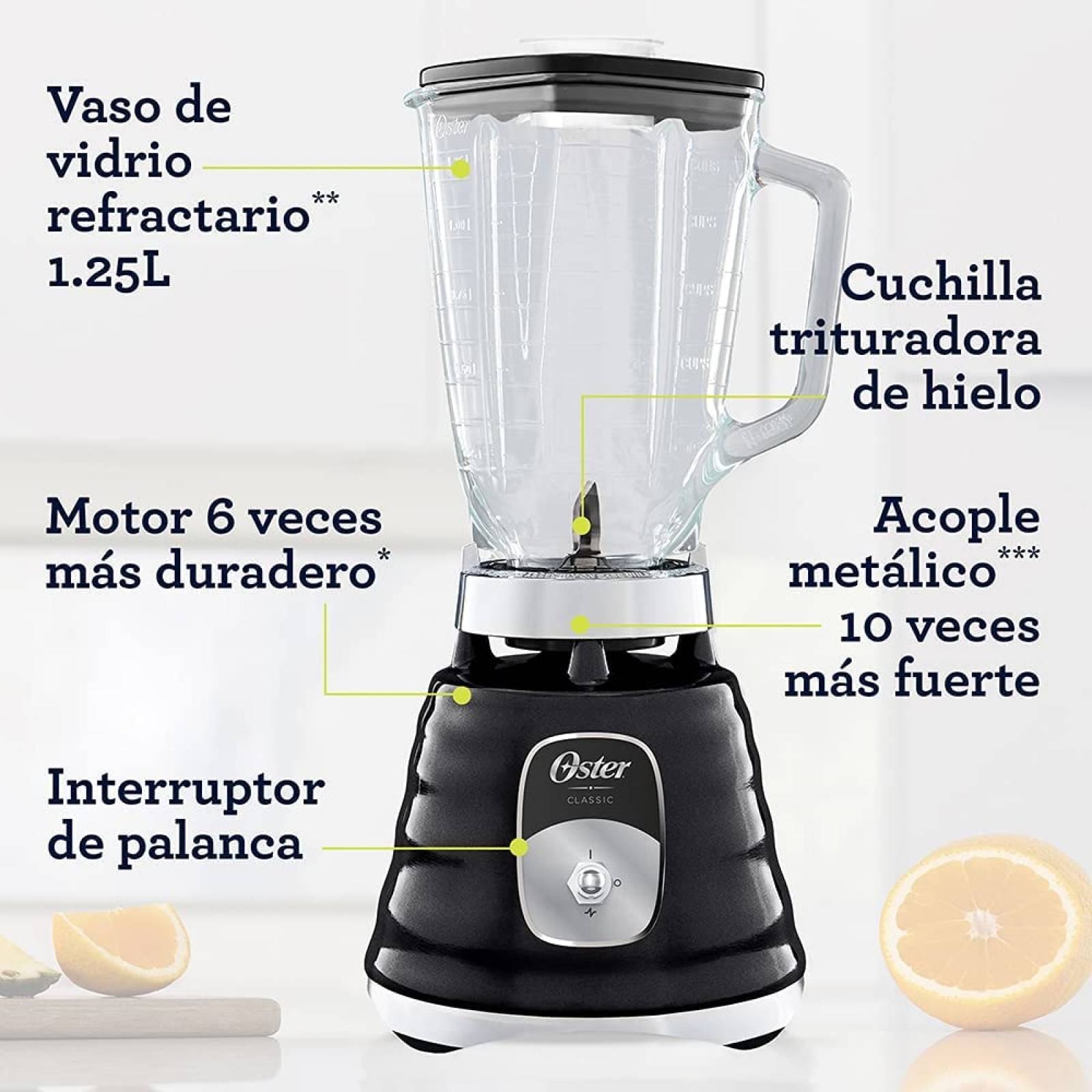 Licuadora 2vel 1.25lt vaso vidrio clasica metal negro oster