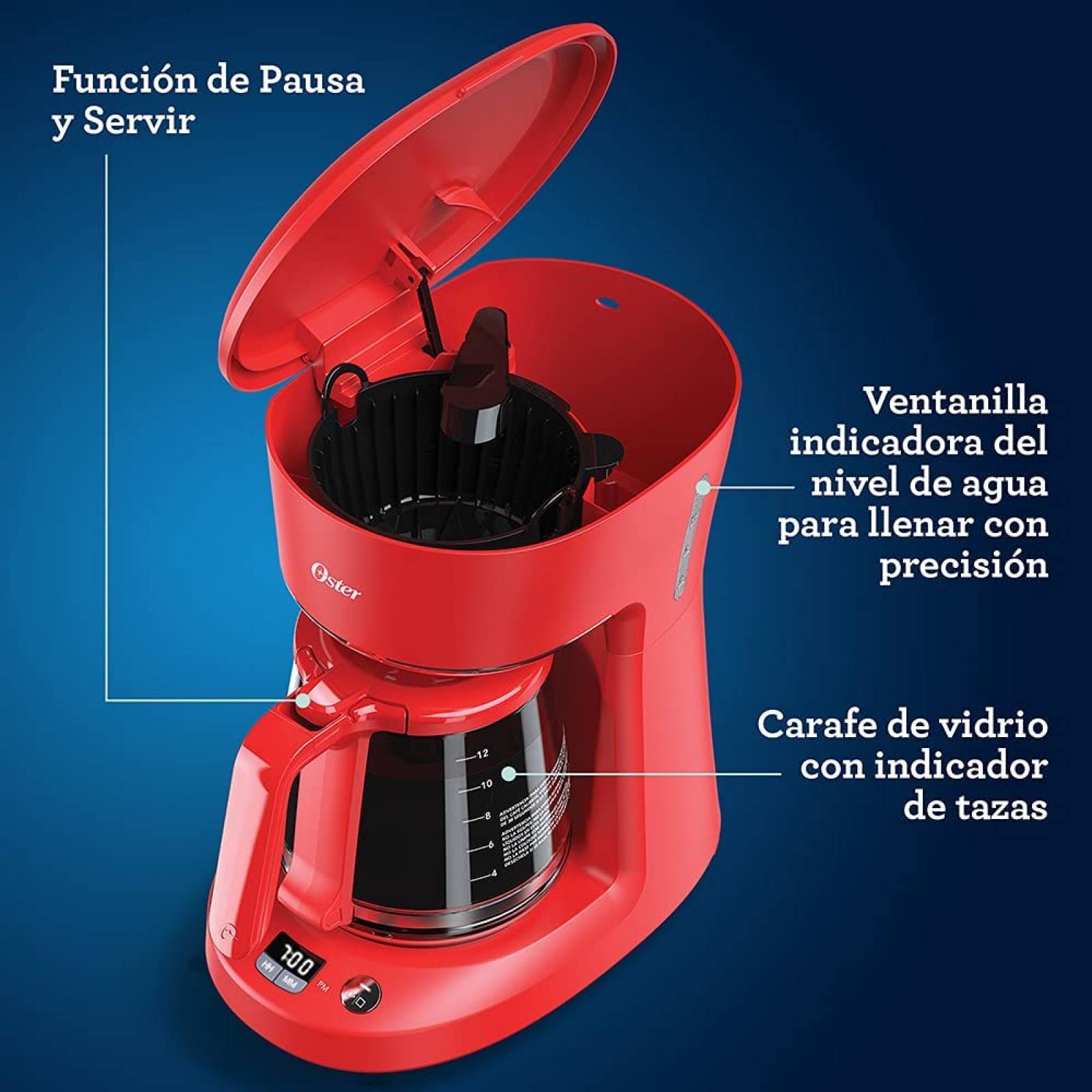 Cafetera 12 tazas programable jarra de vidrio rojo oster