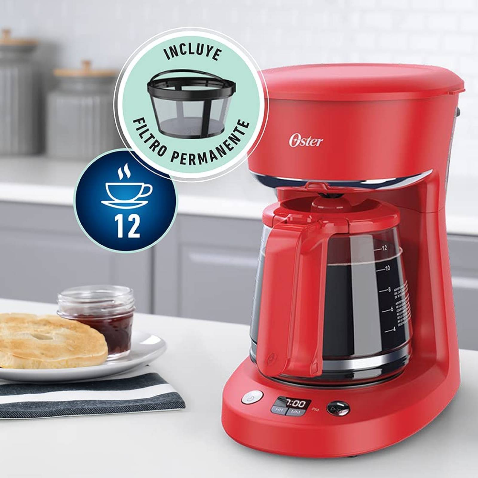 Cafetera 12 tazas programable jarra de vidrio rojo oster