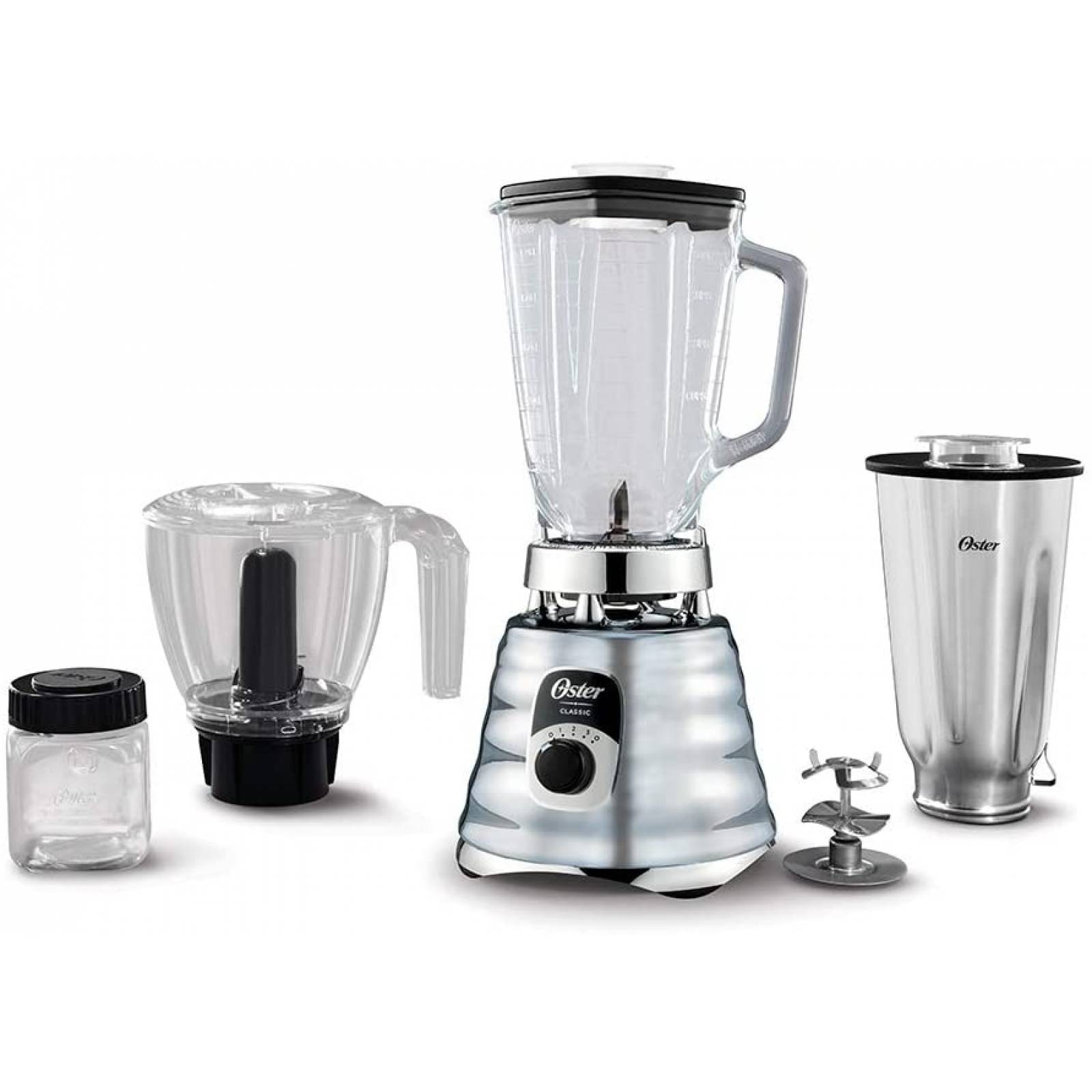 Licuadora 3vel 1.25lt vaso vidrio clásica metal cromada c/accesorios oster