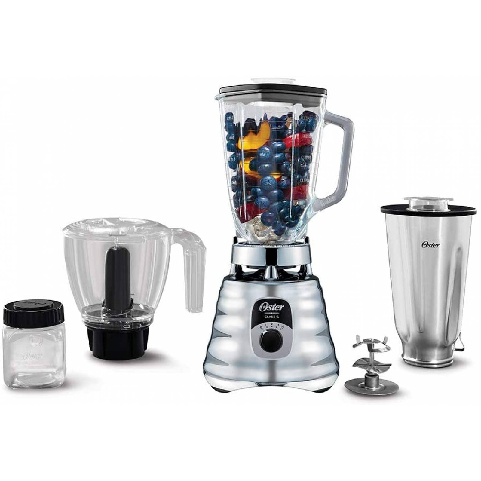 Licuadora 3vel 1.25lt vaso vidrio clásica metal cromada c/accesorios oster