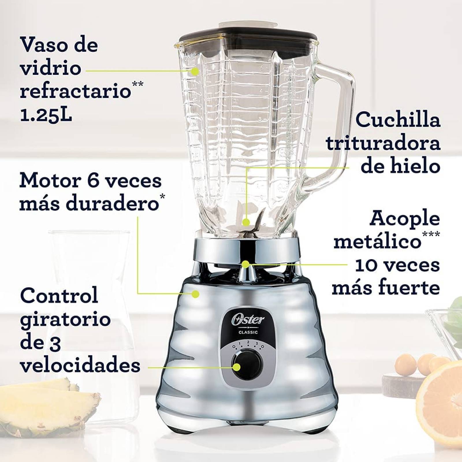 Licuadora 3vel 1.25lt vaso vidrio clásica metal cromada c/accesorios oster