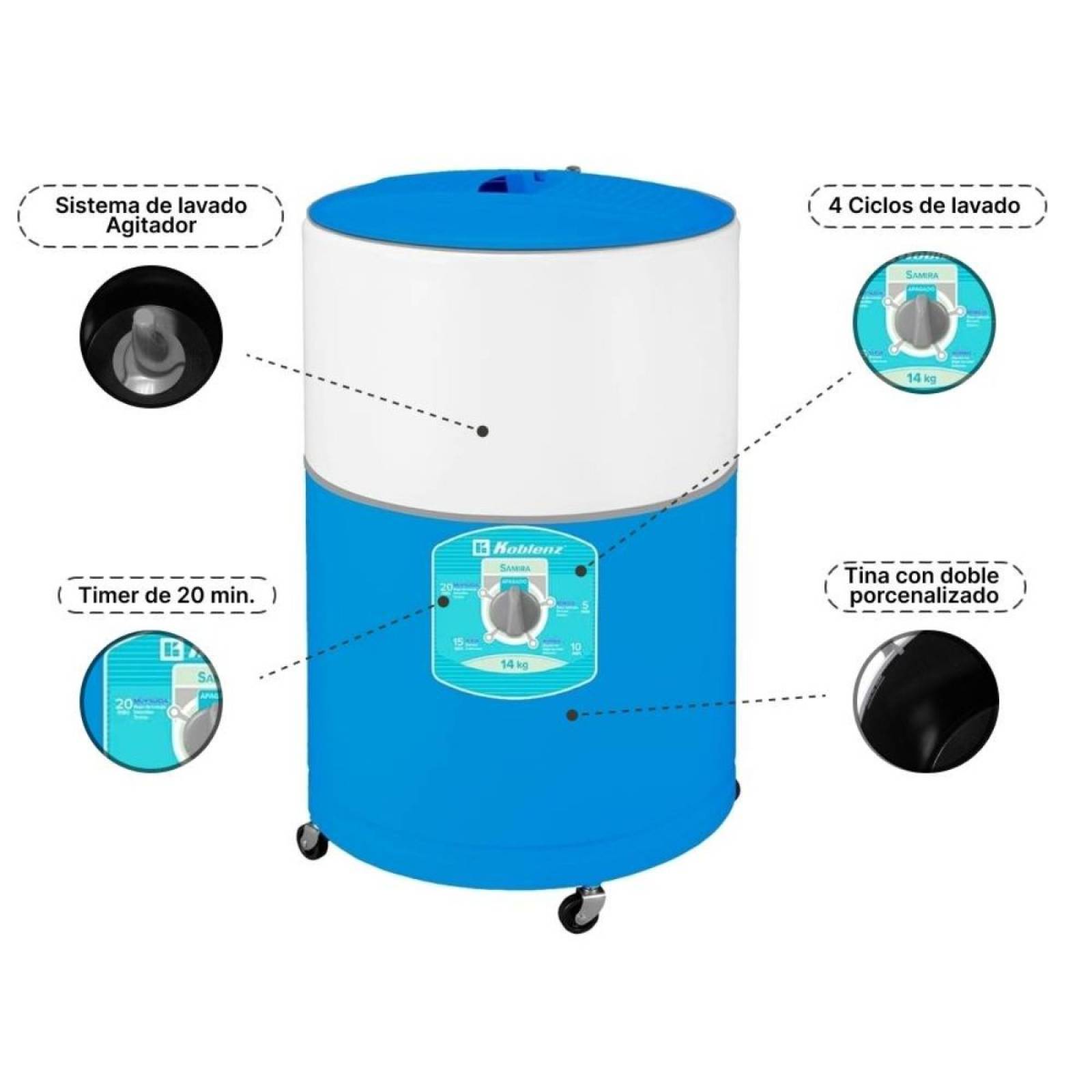 Lavadora de 14 kg manual samira color blanco con tapa azul marca koblenz