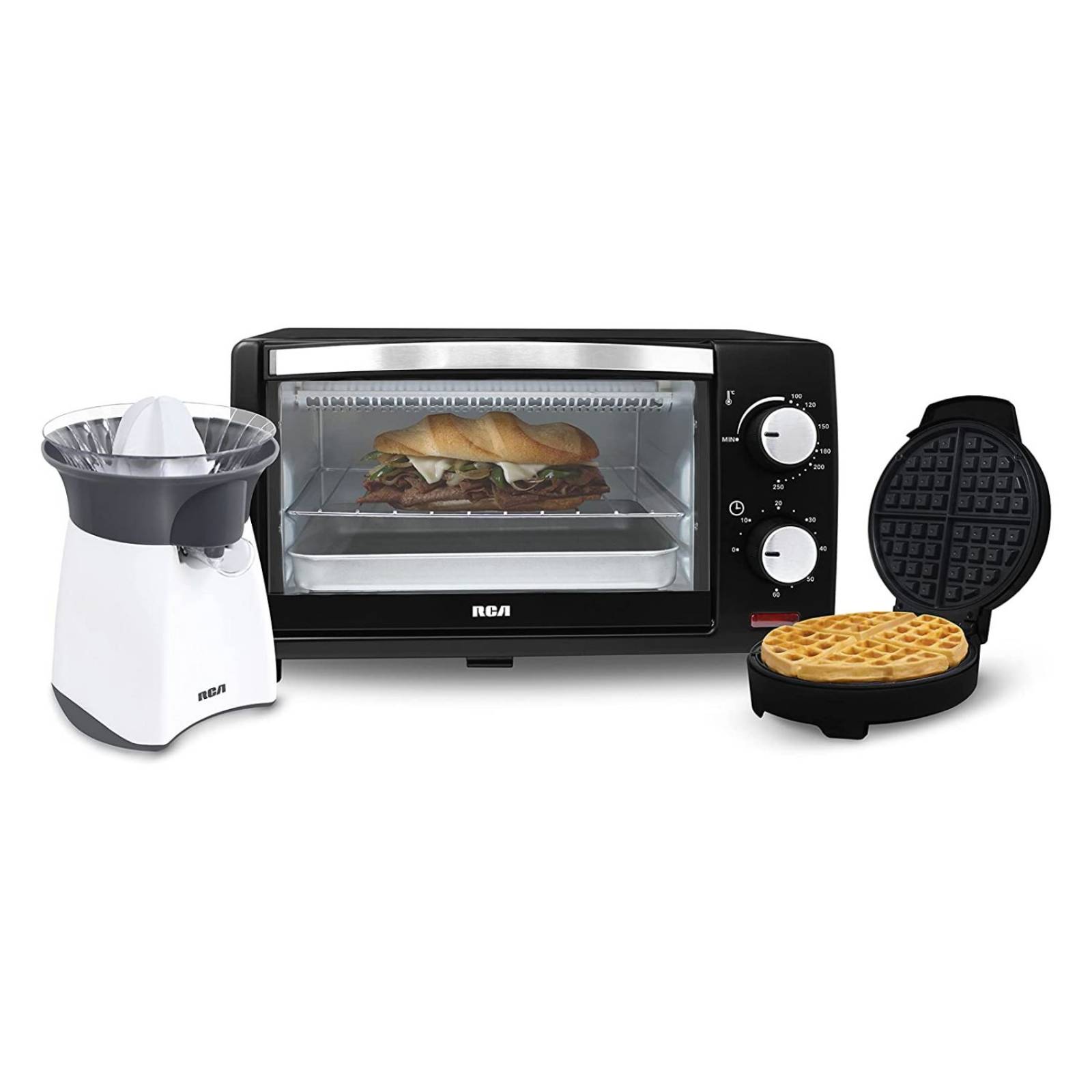 Combo cocina (horno electrico 9l/ exprimidor de jugos/ waflera belga) marca rca