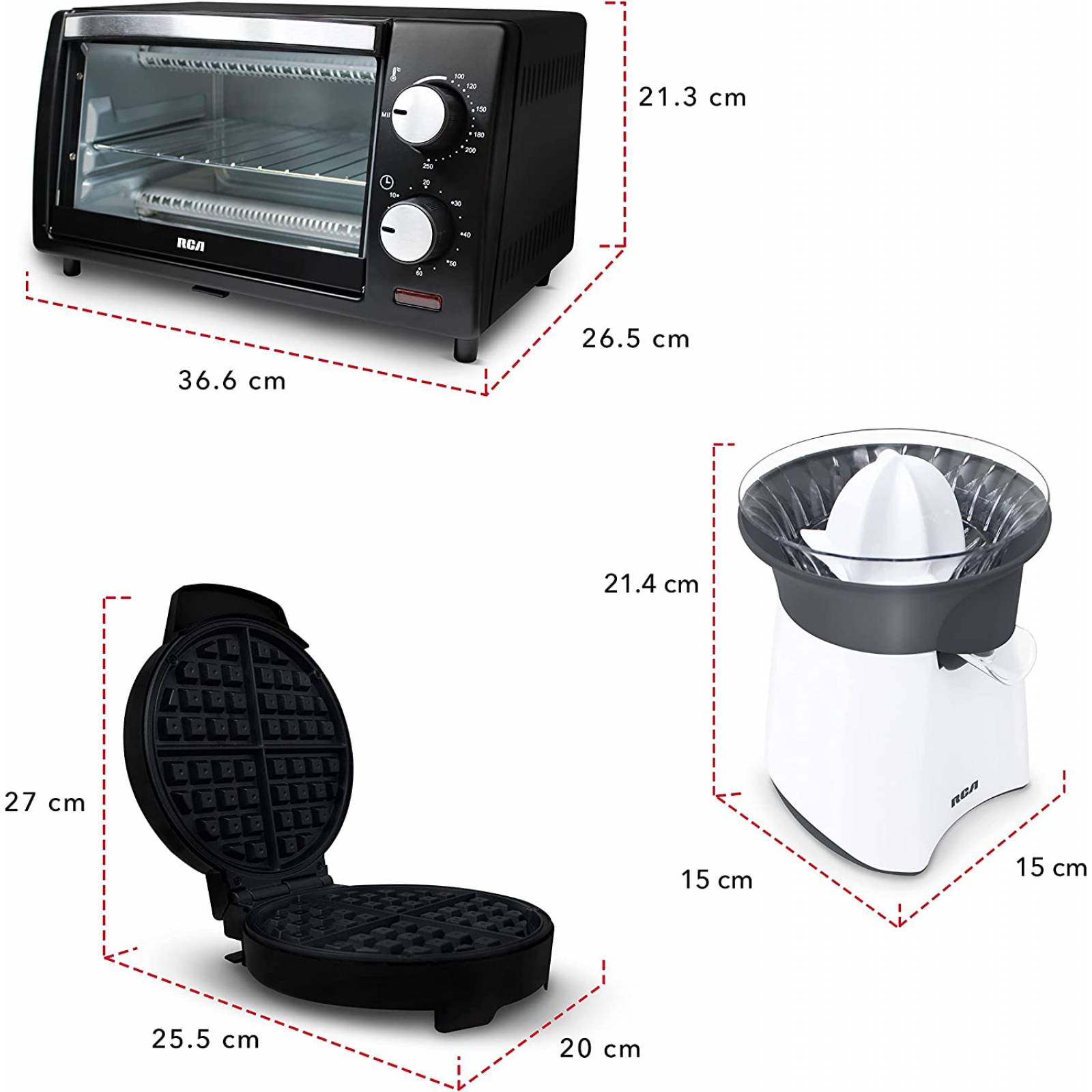 Combo cocina (horno electrico 9l/ exprimidor de jugos/ waflera belga) marca rca