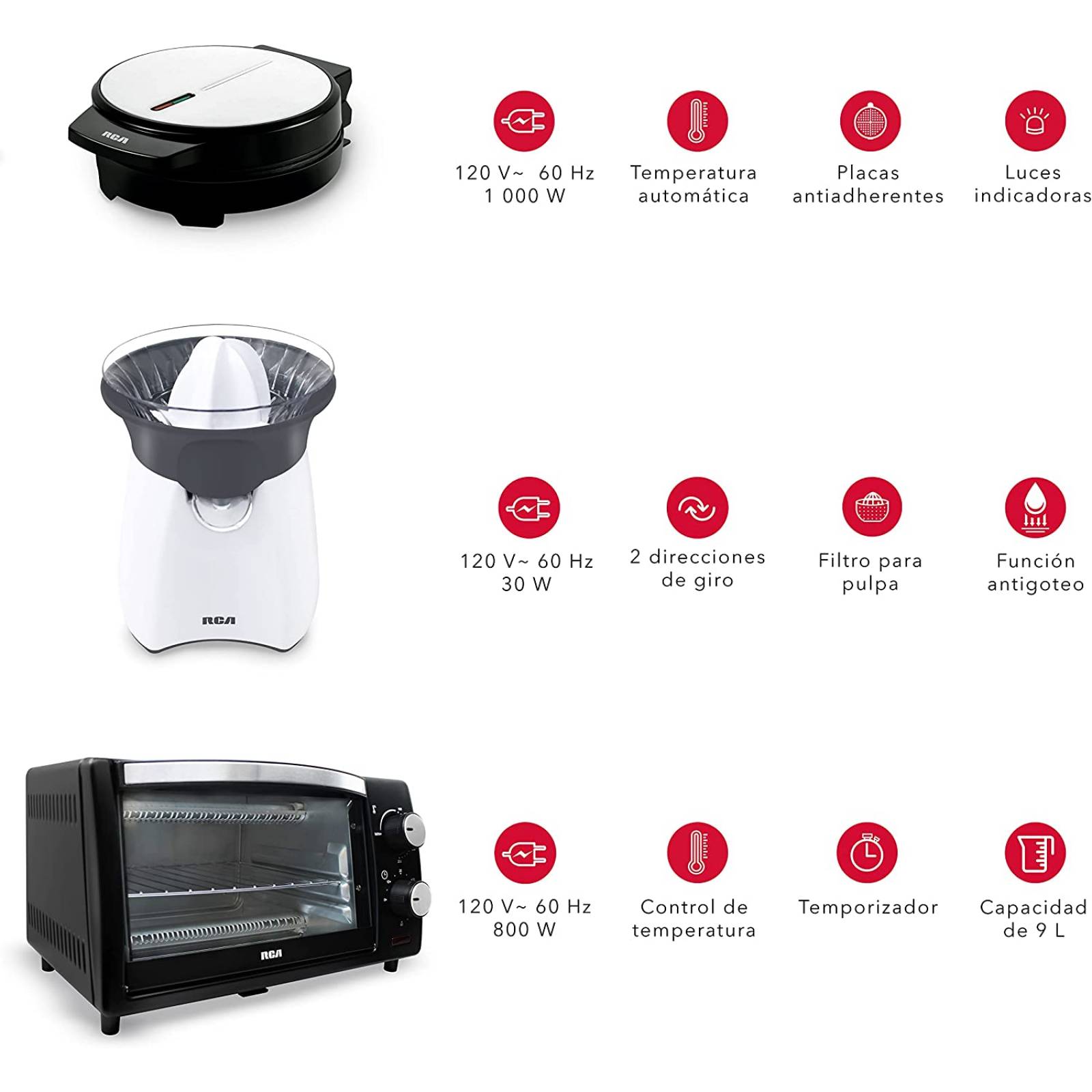 Combo cocina (horno electrico 9l/ exprimidor de jugos/ waflera belga) marca rca