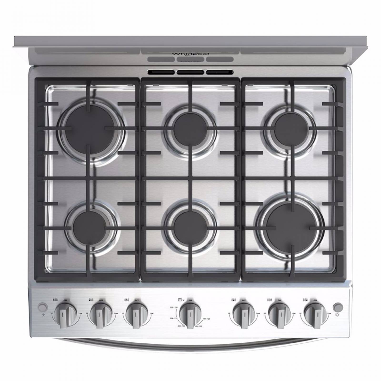 Estufa 30" de gas 6 quemadores gris marca whirlpool.