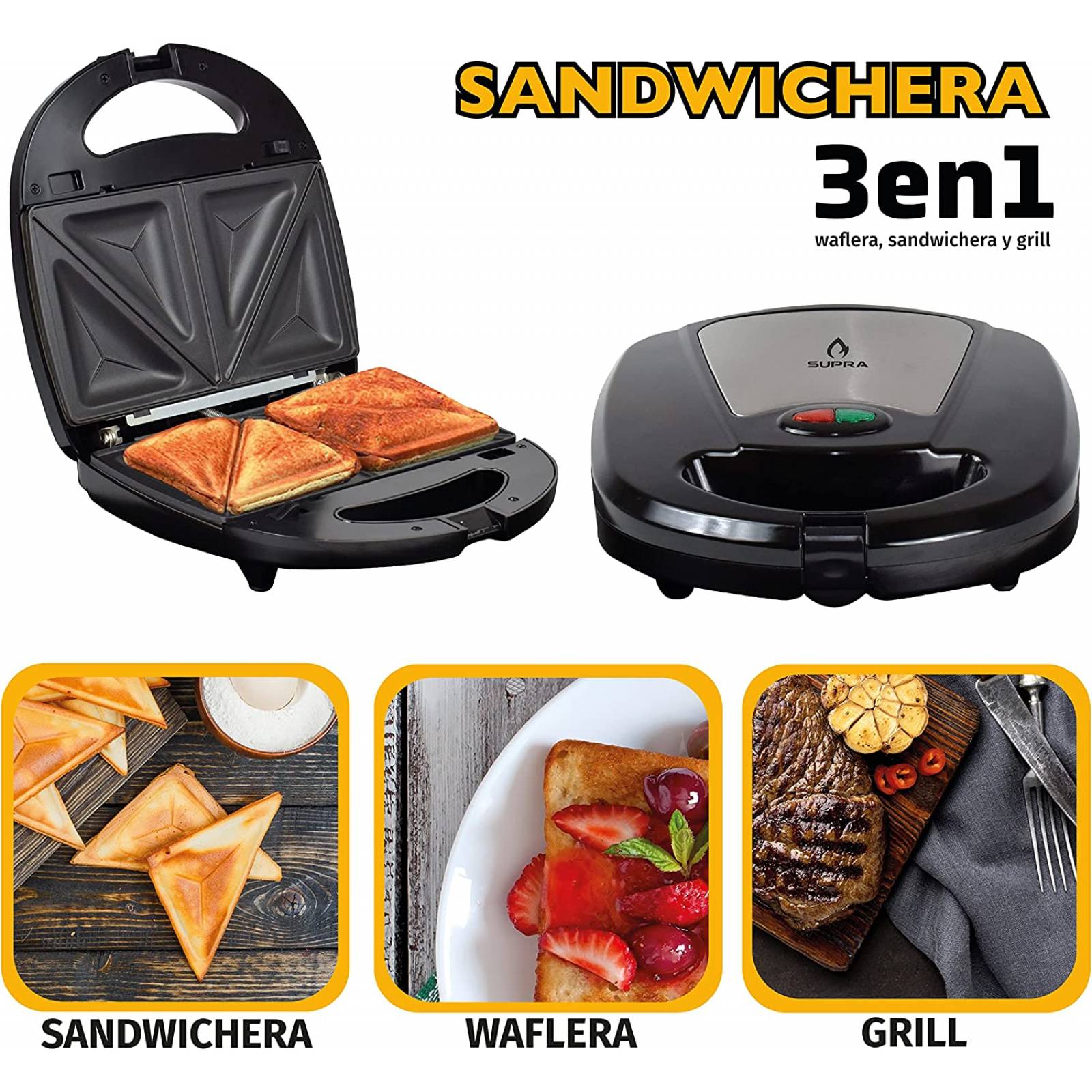 Sandwichera multifuncional 3 en 1 (Sandwichera, Waflera y Grill) Marca Supra