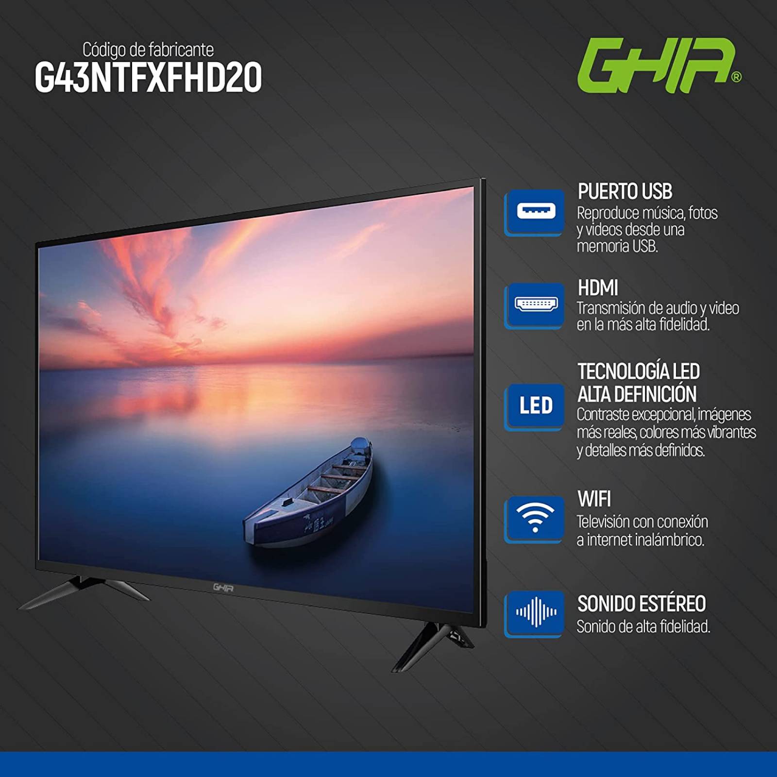Pantalla 43 Pulgadas LED Smart TV Full HD Ghia G43NTFXFHD20