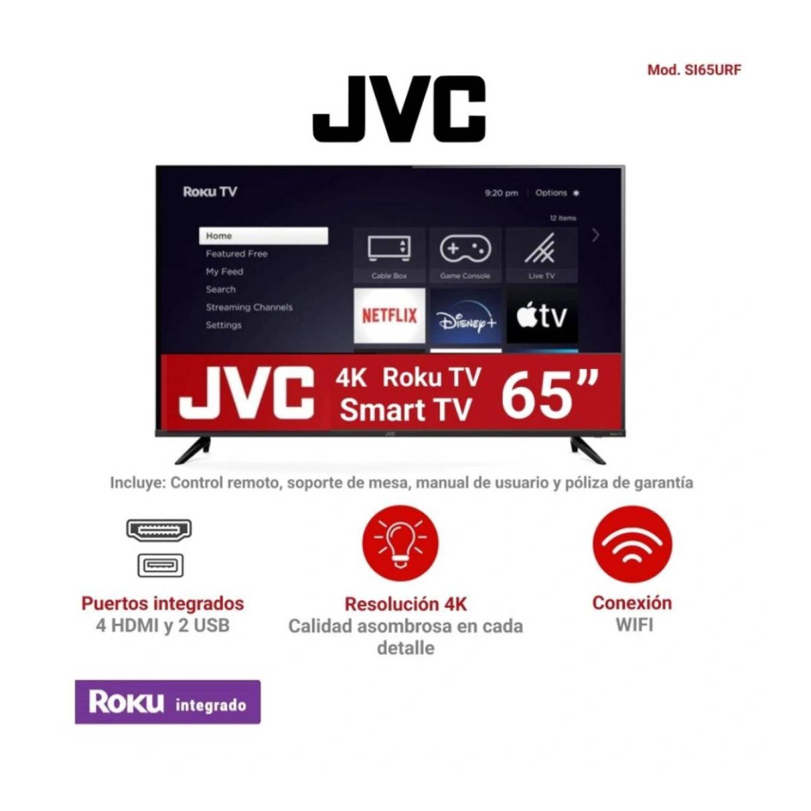 Pantalla JVC 65 Pulgadas Roku TV Frameless SI65URF Smart TV