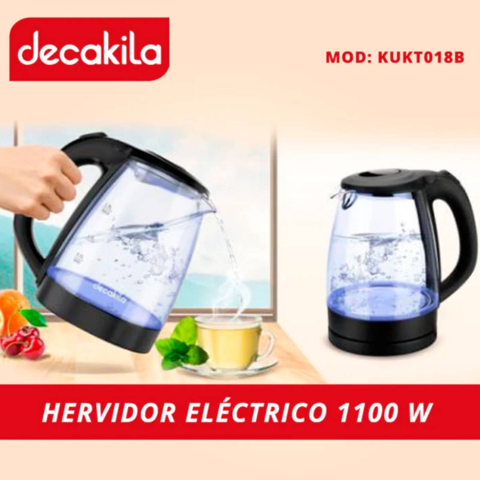 Tetera Eléctrica 1.8 litros Jarra de vidrio, base Iluminada Decakila
